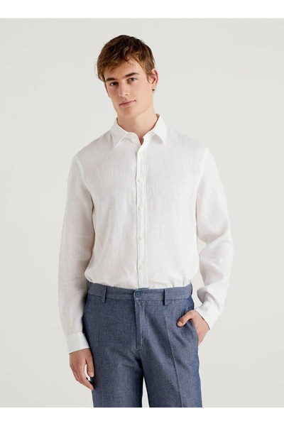 United Colors of Benetton White Men's Bnt-M Linen Shirt Model Code: (5Bku5Qjg...