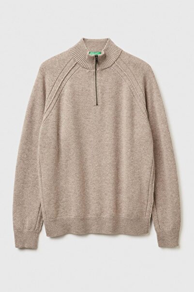 United Colors of Benetton Beige Melange Men's Erk_100% Wool Zipper Detailed M...