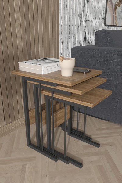 Remaks IRONA METAL AYAKLI 3LÜ ZİGON SEHPA TAKIMI-CEVİZ