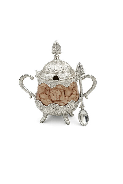 BUSEM Candy & Sugar Bowl with Silver Handles, Lid and Spoon – Brown Marble Pa...