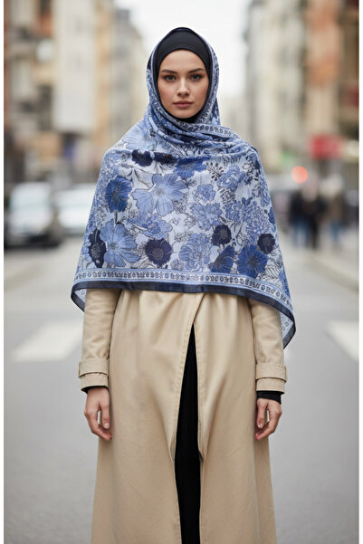 sefamerve Floral Patterned Amber Shawl 70358-05 Navy Blue