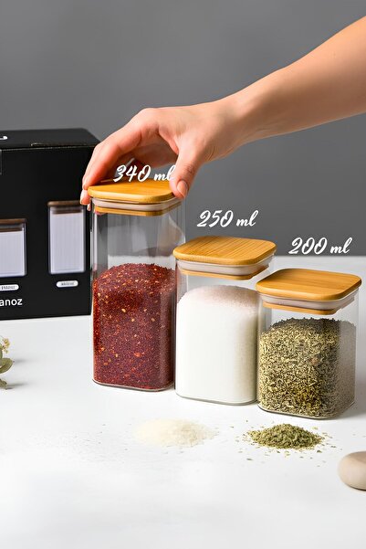 tutku home borosilikat 3'lü Kare Kavanoz Seti 200-250-340 ml