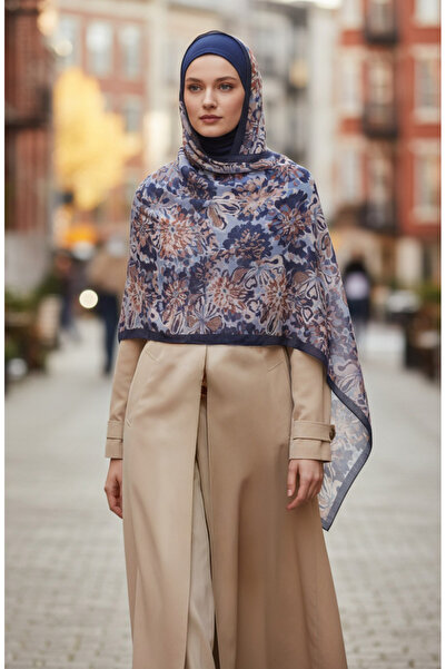 sefamerve Floral Patterned Amber Shawl 70357-03 Navy Blue