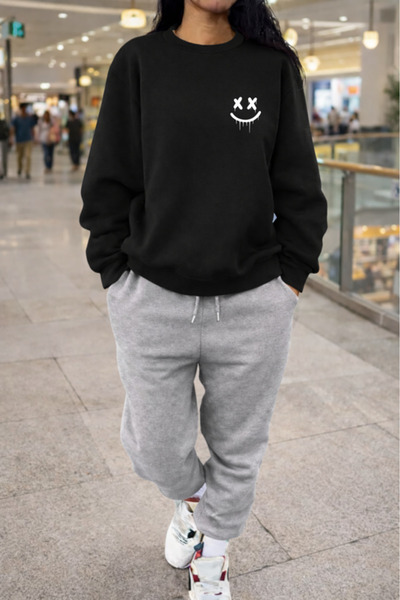 Pink Sky Unisex Smile Printed Crew Neck Sweatshirt & Jogger Tracksuit Set Ove...