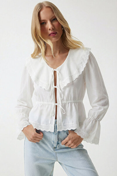 Lovelyİstanbul Fisto Embroidered Tied Woven Blouse Lcr0106 Ekru