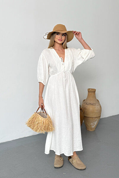 JEE LEE Women's Tie Detail 100% Cotton Long Dress White - 26Y 3008