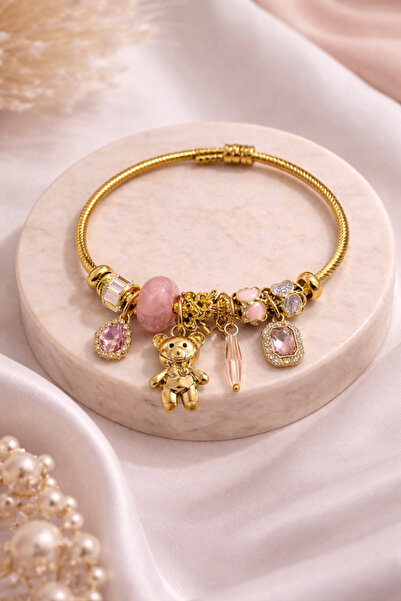 PABALAS Stainless Steel Teddy Bear Figured Charm Bracelet – Gold Color Women'...