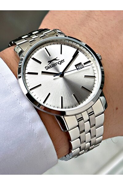 Slazenger Silver Color Steel Band Steel Case Men's Wristwatch with Calendar 2...