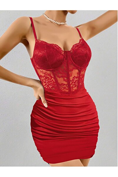 Ruselin Kadın Zarif Kolsuz Elbise Seksi Dantelli Çiçek Desenli Gece Elbisesi