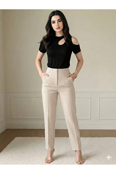 She Combines بنطلون نسائي من القماش ذو قصة كلاسيكية وتفاصيل خياطة عالية الخصر...