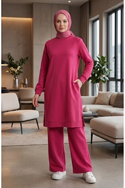 sefamerve Slit Detailed Tracksuit Set 3083-07 Fuchsia