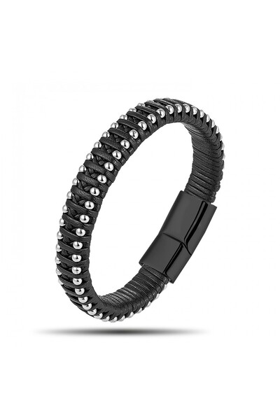 Kuşkaya Ticaret Siyah Deri Ve Damla Çelik Zincirli Bileklik | 14 Şubat Sevgil...