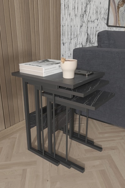 Remaks IRONA METAL AYAKLI 3LÜ ZİGON SEHPA TAKIMI-SİYAH MERMER DESEN