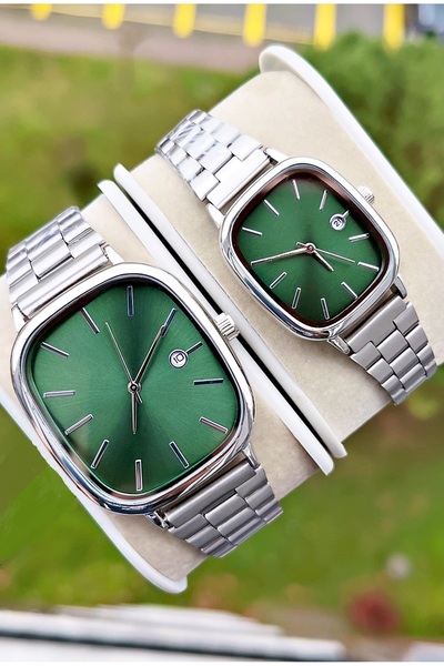 Weluxa Silver Color Green Dial Calendar Lover Couple Wristwatch + Watch Box