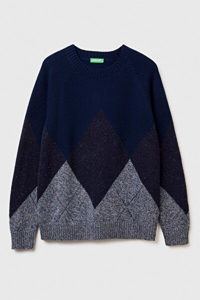 United Colors of Benetton Navy Blue Men's Erk_Wool Blended Argyle Patterned R...