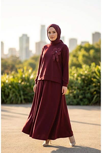 sefamerve Bow Detailed Tunic Skirt Double Set 0237-07 Claret Red