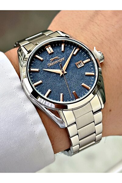 Slazenger Men's Wristwatch with Calendar Silver-Blue Color Steel Band Steel C...