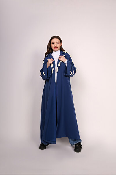 Obaha Navy blue fur coat with a leather-trimmed collar