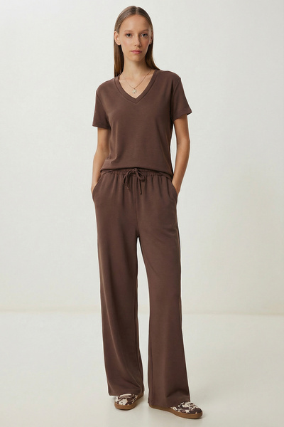 Lovelyİstanbul Comfortable Stretchy Knitted Top and Bottom Set Lby0006 Brown