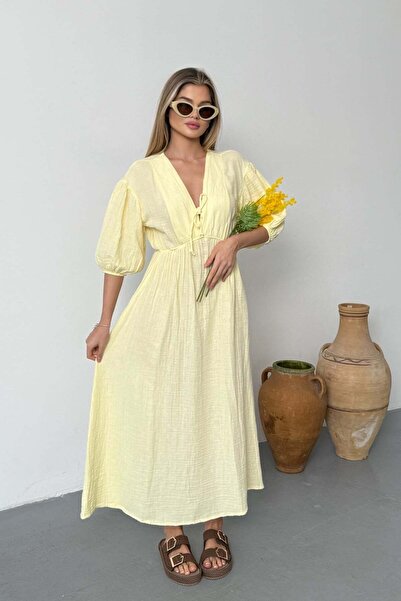 JEE LEE Women's Tie Detail 100% Cotton Long Dress Yellow - 26Y 3008