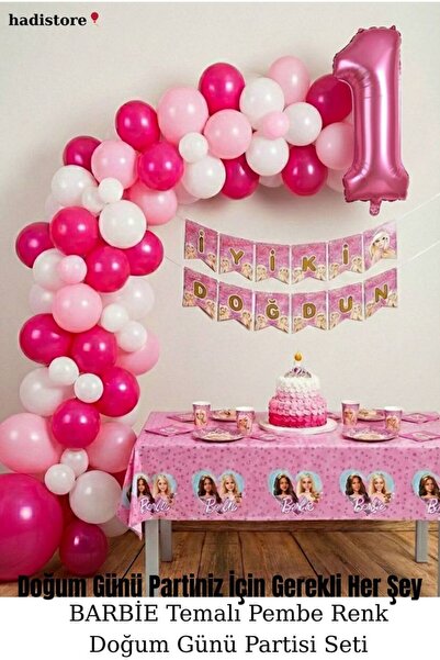 hadistore Barbie Temalı Pembe Doğum Günü Partisi Seti Balon Zinciri Rakam Fol...