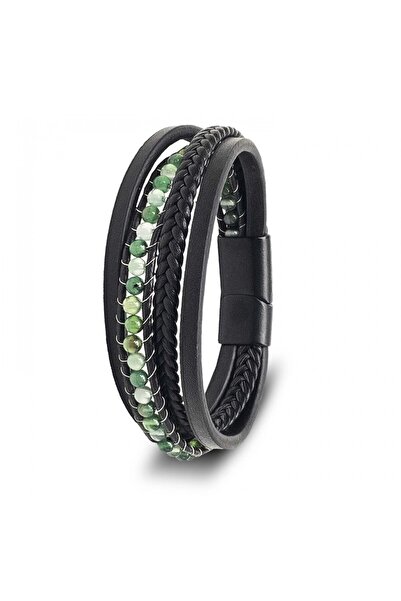 Kuşkaya Ticaret Green Agate Natural Stone and Black Multi-Leather Bracelet | ...