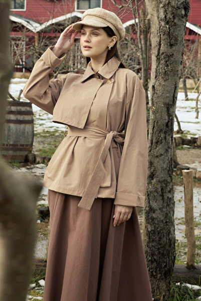 ZÜLAYS Düşük Kol Kruvaze Trençkot Bej