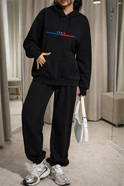 Pink Sky Unisex Paris Printed Hooded Sweatshirt & Jogger Tracksuit Set Oversized