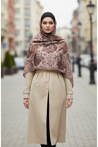 sefamerve Floral Patterned Amber Shawl 70357-10 Milky Coffee