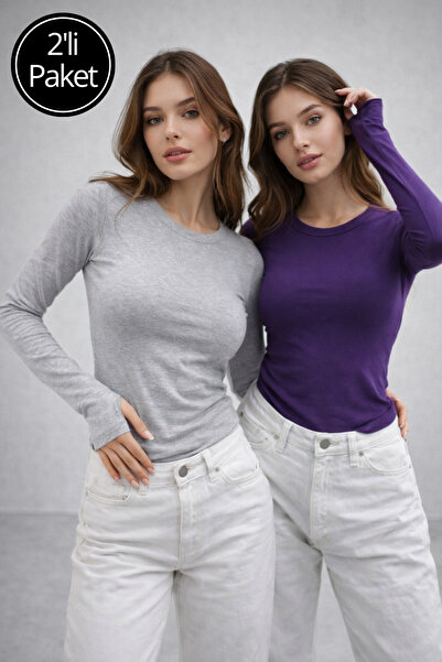 Rich Bluză cu mânecă lungă, gri violet, pachet de 2 pentru femei
