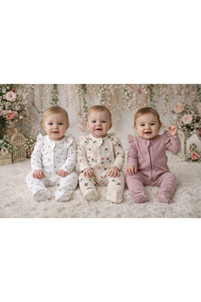 AKİ MODA KİDS Patterned Baby Girl 3-Piece Cotton Romper Set with Ruffle Detai...