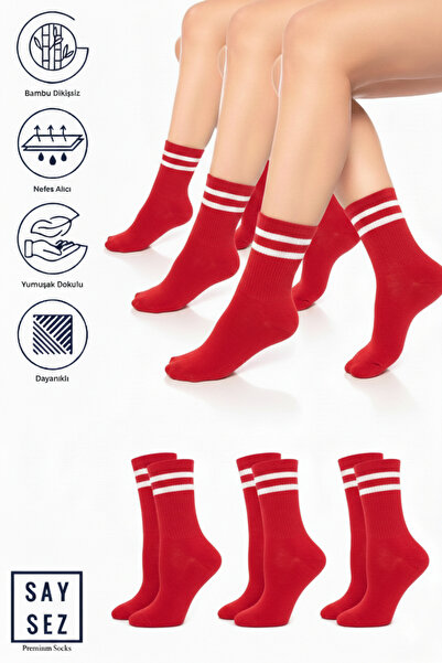 SAYSEZ Бамбукові унісекс тенісні шкарпетки з смужками, преміум-якість, червон...