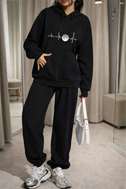 Pink Sky Unisex Pulse Printed Hooded Sweatshirt & Jogger Tracksuit Set Oversized