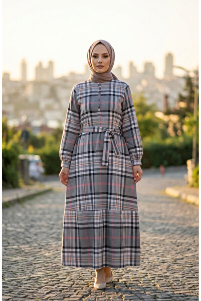 sefamerve Plaid Patterned Belted Hijab Dress 2218-03 Gray Powder