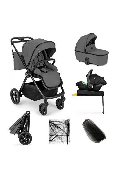 Kidnort Carucior 4 in 1 pentru copii Alskar dark gray, cu landou, scaun, baza...