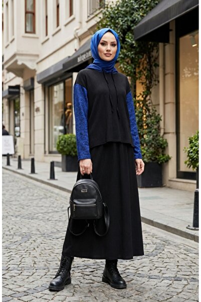 sefamerve Sim Detailed Hooded Piece Set 2221-02 Black Cobalt