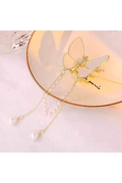 Tudivanyu Aksesuar Butterfly Model Enamel Long Pearl Dangle Hair Clip