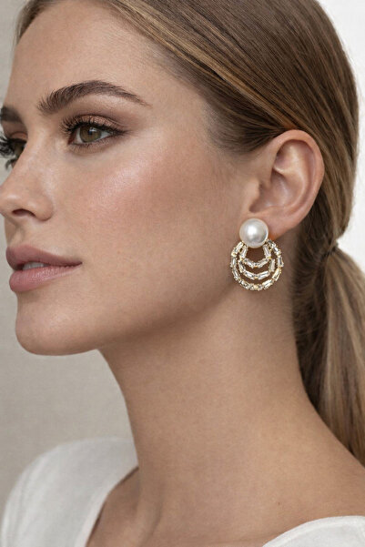 PABALAS Women's Gold Color Pearl Detailed Multi-Ring Stone Stylish Earrings