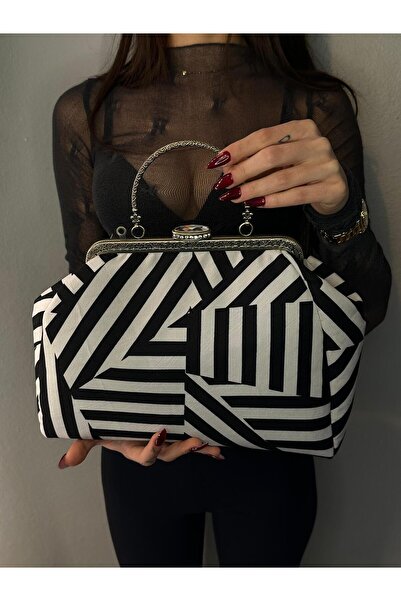 Aysa Çanta ve Aksesuar Siyah Beyaz Geometrik Desenli Kadın El Çantası- Metal ...