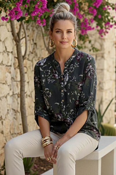 Chiccy Ιταλική μπλούζα από λινό ύφασμα με κουμπιά με γιακά ανθρακί, μανίκια 3...