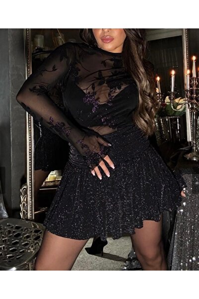 BEBE PLUS Simli çiçek desenli Transparan tül Bluz (ATLETSİZDİR)