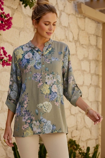 Chiccy Italian Dark Beige Judge Collar Buttoned 3/4 Sleeve Floral Pocket Casu...