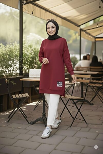 Gioni Burgundy Crew Neck Embroidered Tunic