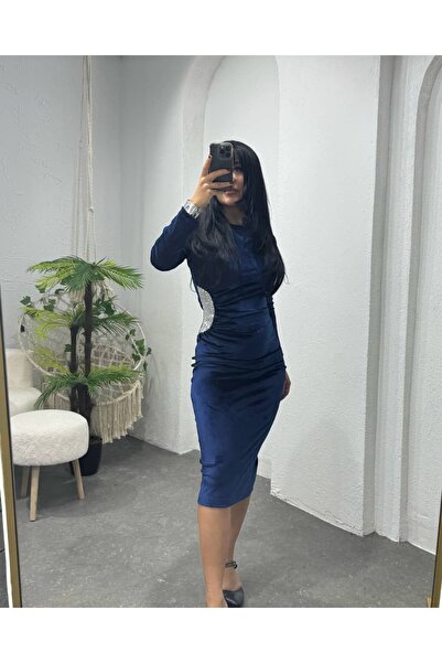 Sultan Ulu Butik Yan Paletli Kadife Midi Elbise Saks Mavisiı