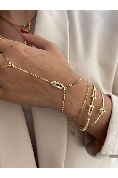 Zuum Accessories Zirkon Taşlı Zincir Tasarım 14K , Gold , Sarı Renk Çelik Şah...