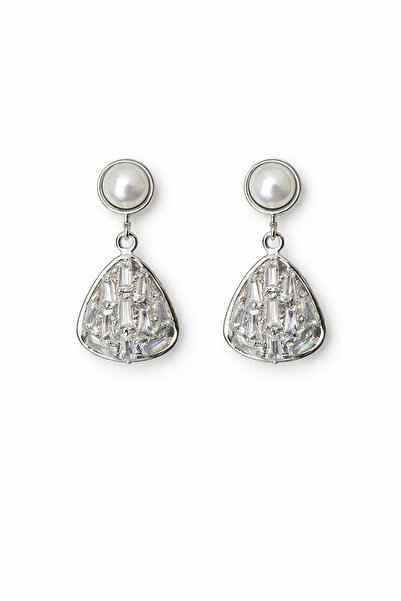 PABALAS Women's Silver Color Pearl Detailed Drop Stone Dangle Earrings