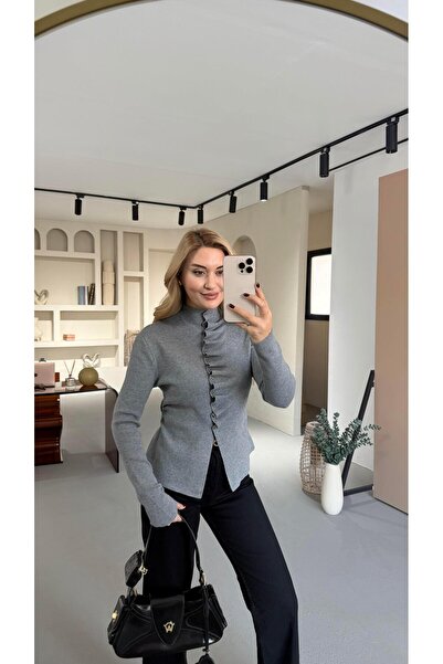 Sezgi Tekin Mock Neck Draped Gray Knitwear Cardigan