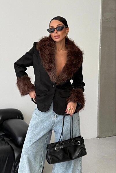 Mine Tan Butik Collar fur detail suede jacket - black