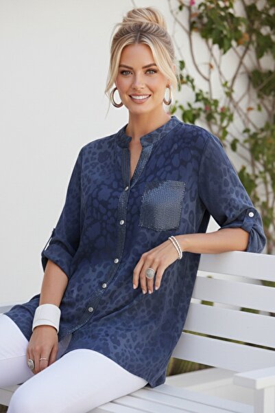 Chiccy Albastru bleumarin italian, guler judecător, mânecă 3/4, L, imprimeu l...