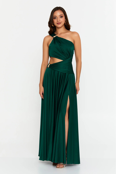 DORİDORCA Women's One Shoulder Window Detail Maxi Evening Dress 7050 Green